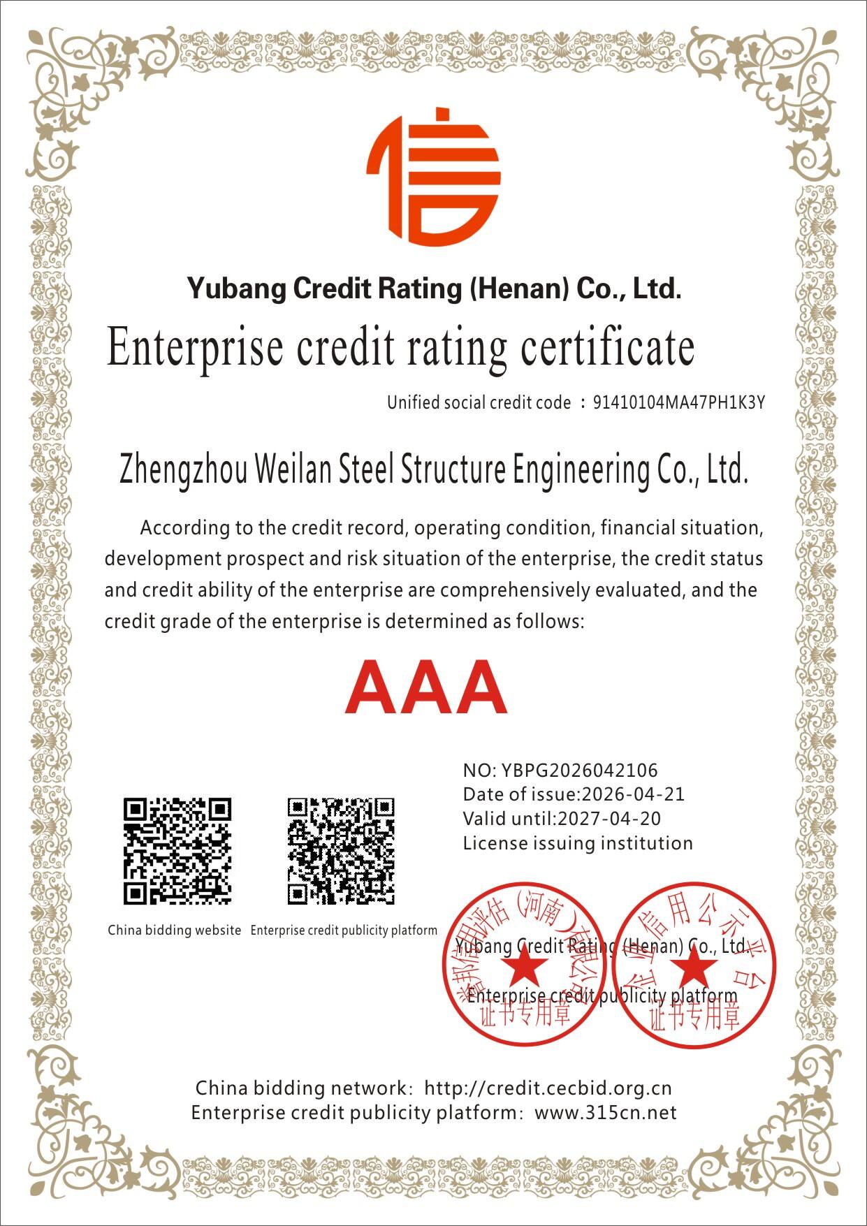 AAA enterprise credit rating certificate